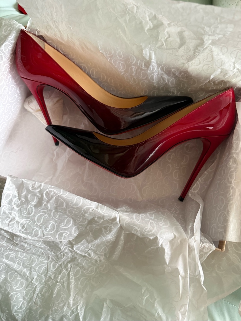 Louboutin Patent Leather Gradient Red to Black Stiletto Pumps